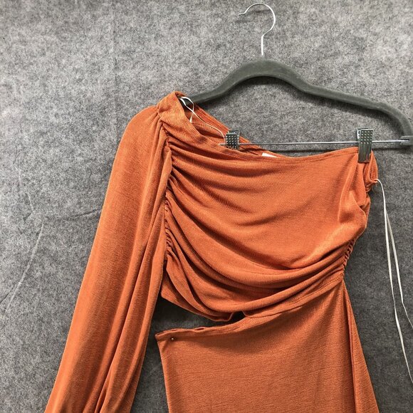 Hello Molly One Shoulder Dress Womens S (4) Orange Copper Long Sleeve Stretchy - Picture 3 of 10